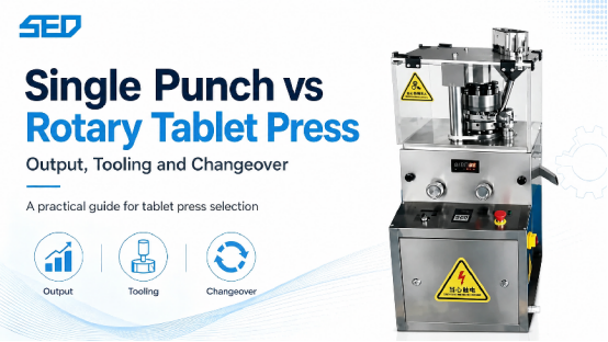 Single-punch and rotary tablet press output tooling and changeover comparison