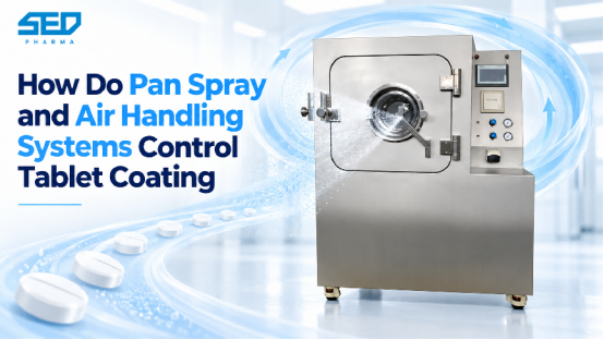 Tablet coating pan with spray and air handling system